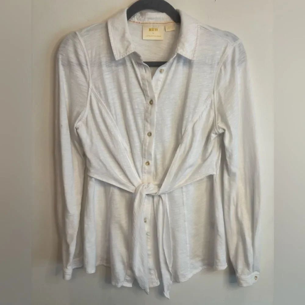 Maeve by Anthropologie GUC white front tie long sleeve peplum top Size small
